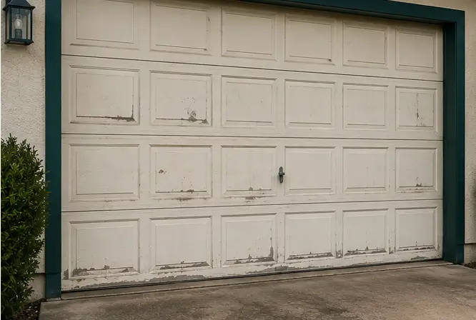 Garage door before restoration in Galveston Texas